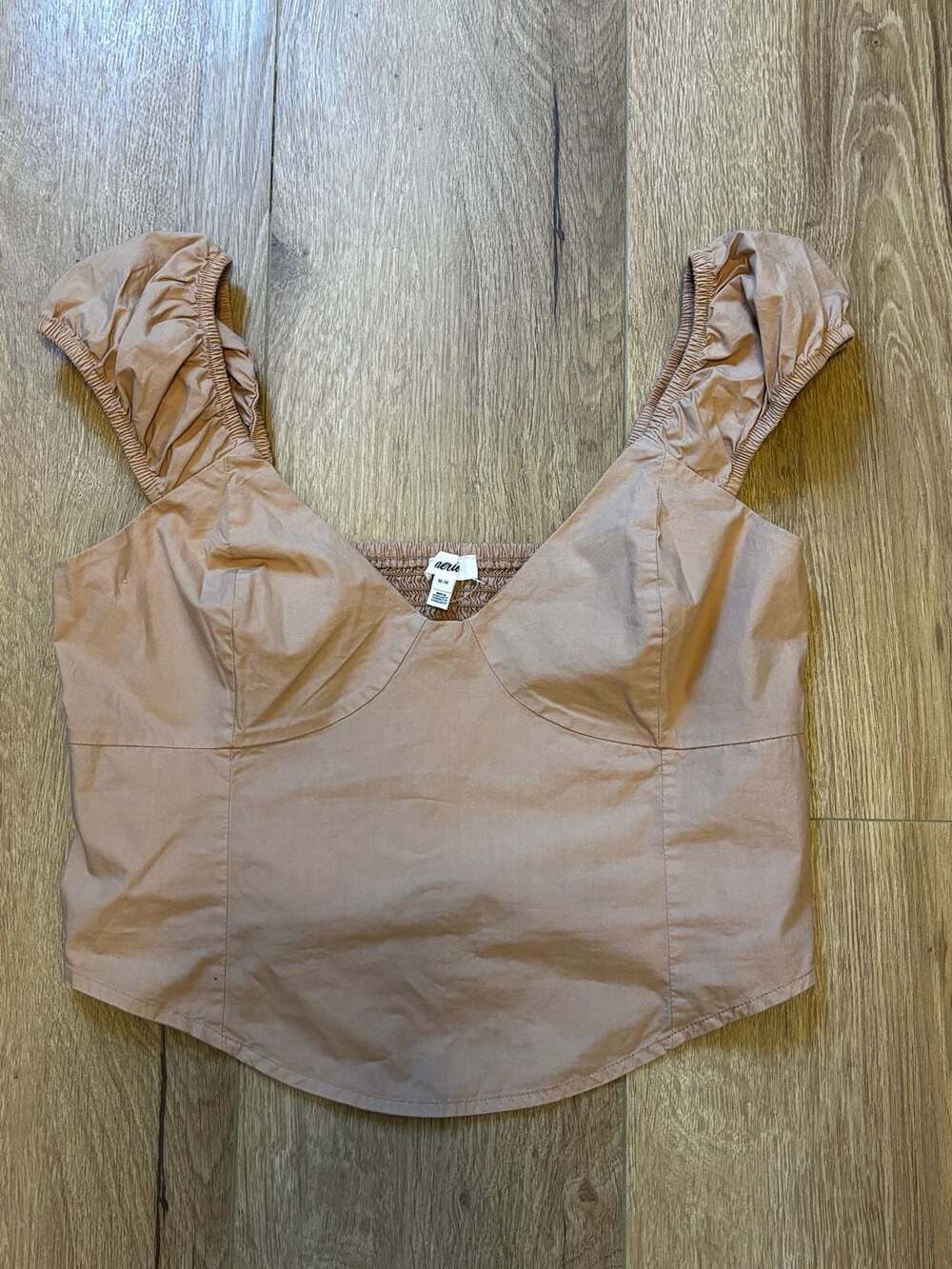 Aerie Corset Top Size M Brown Smocked Cotton Puff Sleeve